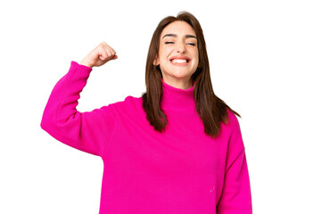 Young caucasian woman over isolated chroma key background doing strong gesture