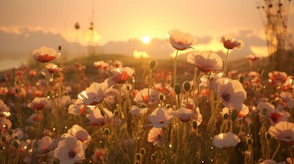 A Pearl Poppy field at twilight, with the flowers bathed in the soft, golden glow of the setting sun.