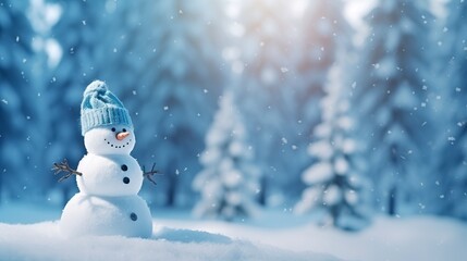 A beautiful and cute snowman in a snowy forest in blue tones. Snowman in warm sunlight with christmas copy space.