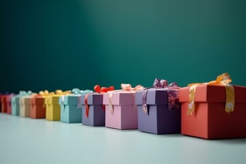 Colorful gift boxes arranged in a row, depicting the festive spirit of Christmas. Generative AI