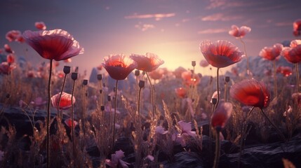 A Pearl Poppy field at twilight, with the flowers bathed in the soft, golden glow of the setting...