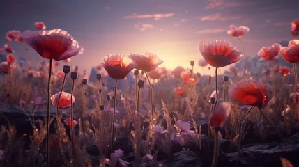 Zelfklevend Fotobehang A Pearl Poppy field at twilight, with the flowers bathed in the soft, golden glow of the setting sun. © Anmol