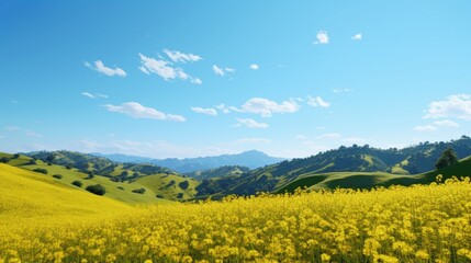 A picturesque landscape featuring a field of Goldenrod Geraniums swaying gently in the breeze, against a backdrop of rolling hills and a clear blue sky.
