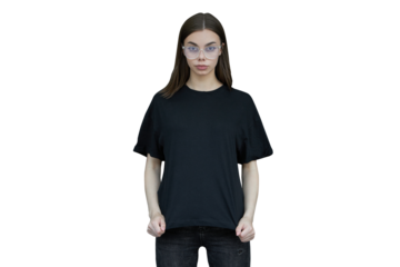 Woman or girl wearing black blank cotton t-shirt with space for your logo, mock up or design