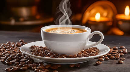 Cup of coffee, coffee beans with smoke on wooden table and fireplace on background. 