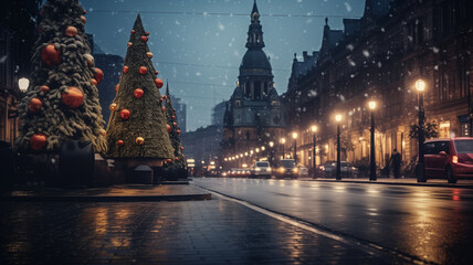 Fototapeta premium Beautiful Christmas tree with lights in the middle of the city street. Cozy street with European style. Christmas Eve