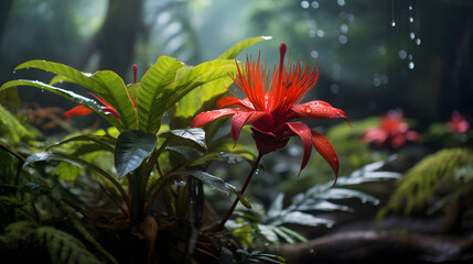 red flower in tropical jungle - obrazy, fototapety, plakaty