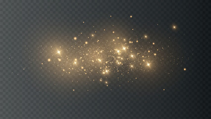 The dust sparks and golden stars shine with special light. Vector sparkles on a transparent background. Christmas light effect. Sparkling magical dust particles. PNG - obrazy, fototapety, plakaty