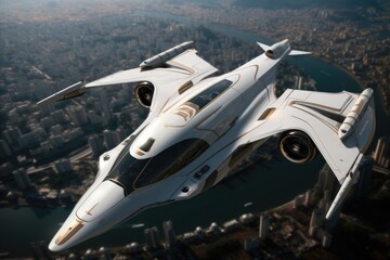 Fototapeta premium White spaceship flying above a city, Aerial high view.