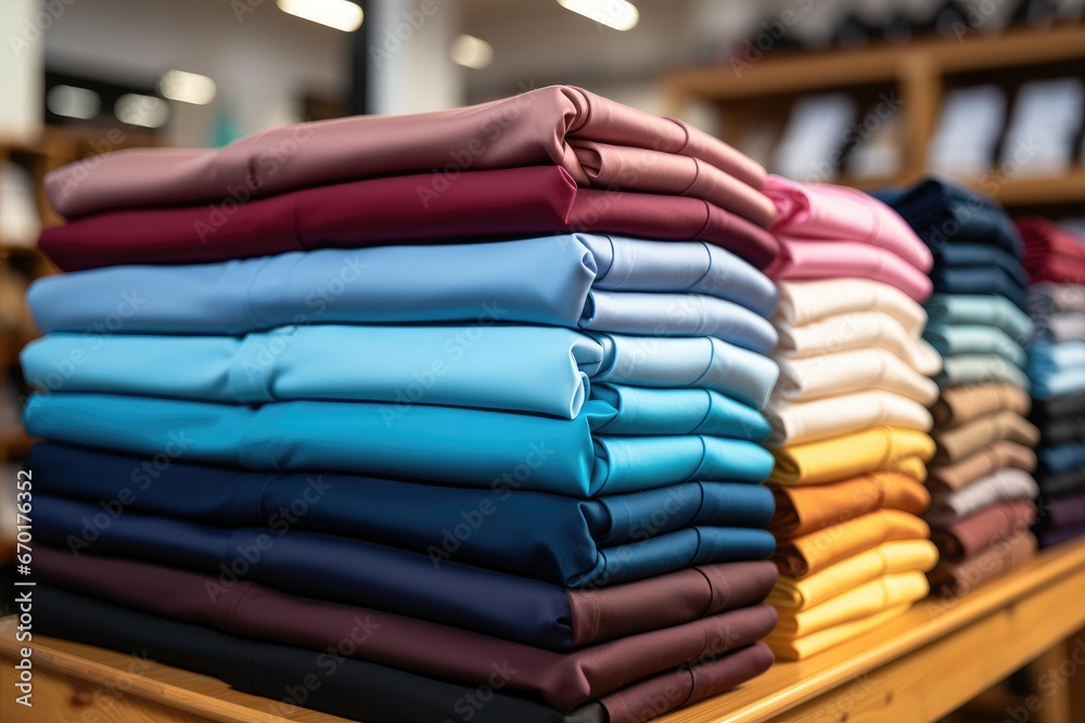 Poster close up of different colored men's t shirts folded on a sales shelf.