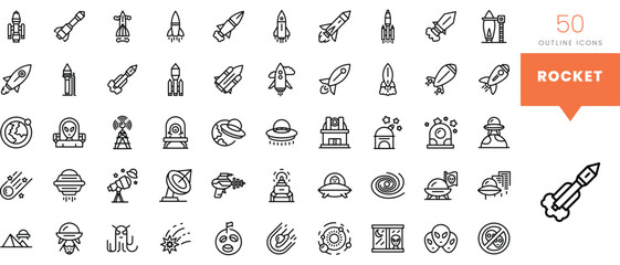 Set of minimalist linear rocket icons. Vector illustration