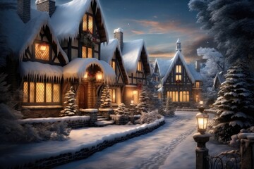 Fototapeta premium Christmas in a peaceful snowy setting, Charming village comes to life with the twinkling.