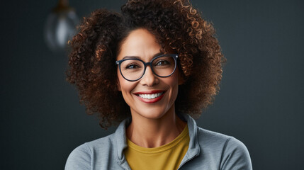 Portrait of smiling mature woman with afro hairstyle standing against grey wall.