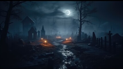 Dark spooky graveyard with rolling mist, full moon in the sky, scary, halloween.