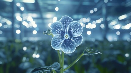 A Platinum Primrose in a high-tech, futuristic greenhouse, with precision-controlled lighting and environmental conditions. The epitome of botanic excellence.