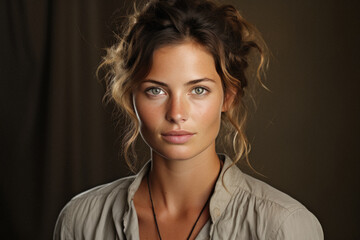 Portrait of a young woman in a white shirt on a gray background.