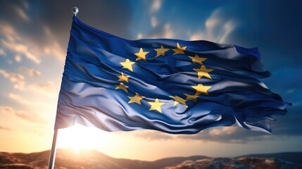 Flag of the European Union waving in the wind on flagpole on sunny day, Close-up. - obrazy, fototapety, plakaty