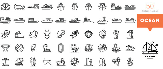 Set of minimalist linear ocean icons. Vector illustration