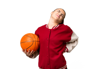 Young Woman playing basketball over isolated chroma key background suffering from backache for having made an effort