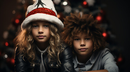 Friends in Christmas hats posing - holiday spirit - teens - children - close-up - holiday style  - festive mood 