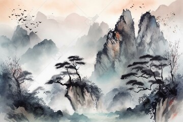 Misty winter landscape; watercolor illustration of forest, mountains, and oriental painting. Generative AI