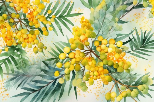 Artistic watercolor pattern featuring mimosa flowers, perfect for a vibrant spring floral background. Generative AI