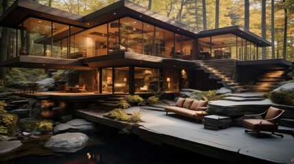 Modern concrete wood and stone home with cascading waterfalls in the main living area. - obrazy, fototapety, plakaty