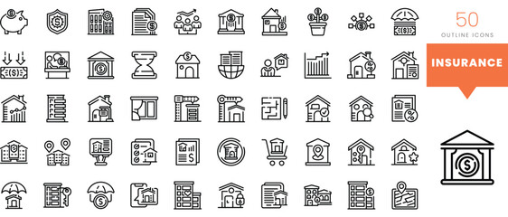 Set of minimalist linear insurance icons. Vector illustration