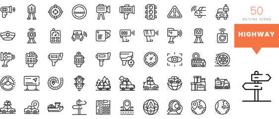 Set of minimalist linear highway icons. Vector illustration