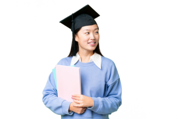 Young student woman over isolated chroma key background looking side