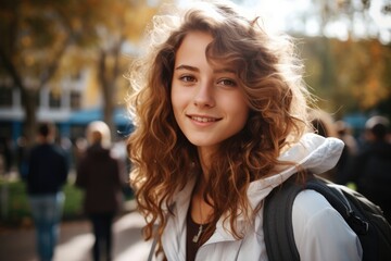Obraz premium Portrait of a young teenager girl student in the schoolyard, Happy.