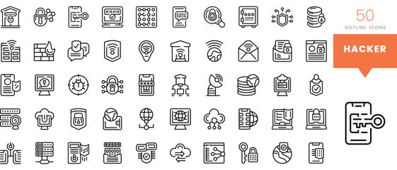 Set of minimalist linear hacker icons. Vector illustration