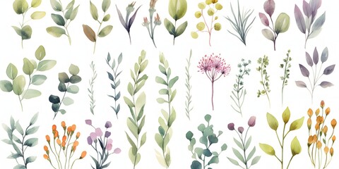 Hand drawn vector watercolor set of herbs, wildflowers and spices..
