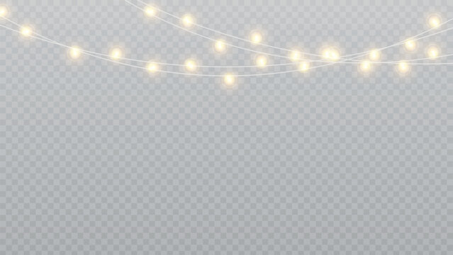 Christmas Lights Isolated Realistic Design Elements. Glowing Lights For Xmas Holiday Cards, Banners, Posters, Web Design. Stock Royalty Free Vector Illustration. PNG	