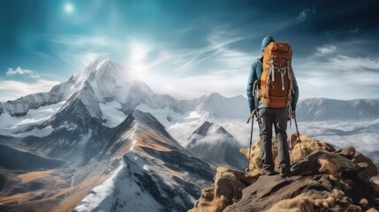 Man with backpack standing on the top of mountain, Rear view.