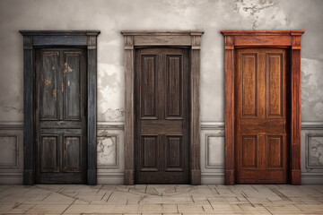 Front view of three doors. Room entrance. Choosing right path - obrazy, fototapety, plakaty