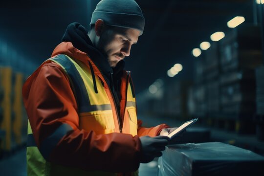 worker in an orange suit, driver, checks documents for a truck cargo and cargo transportation