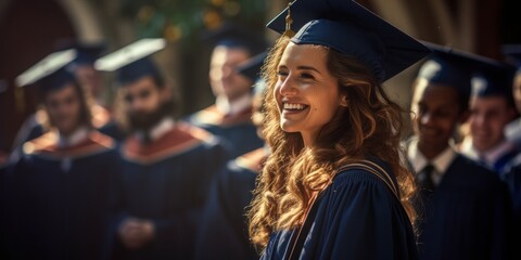 Fototapeta premium Celebrating Success: A University Graduate Laughs in Front of a Proud Audience of Students