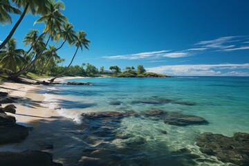 Tropical beach on south side of Samoa Island with coconut palm trees.
