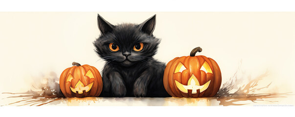 Fototapeta premium Black cat with pumpkins in halloween time. cartoon stzly photo