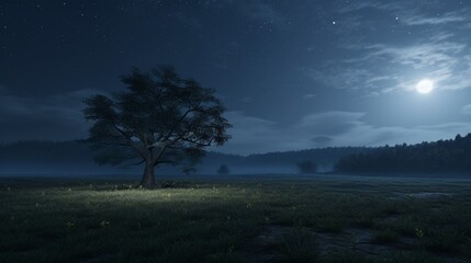 A quiet, foggy meadow at midnight with a single Myrtle tree standing as a sentinel.