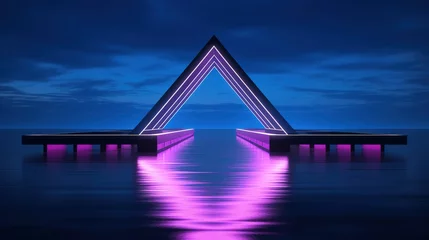 Foto op Plexiglas Fantasie landschap Generative AI, minimalist island paradise with geometric neon light bridge, futuristic landscape