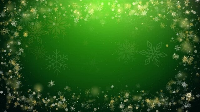 Christmas gold snowflakes frame with lights and shine particles on green background. Seamless loop animation. Copy space.