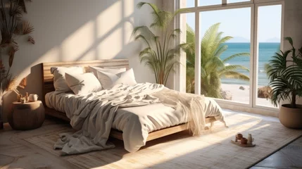 Foto op Plexiglas Stunning bedroom featuring a cozy white bed with palm frond patterned blanket, Pillows. © visoot