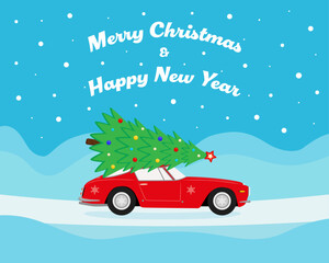 Merry Christmas and New Year design. Christmas car with New Year tree. Color vector illustration in cartoon flat style.	
