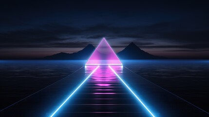 Generative AI, minimalist island paradise with geometric neon light bridge, futuristic landscape