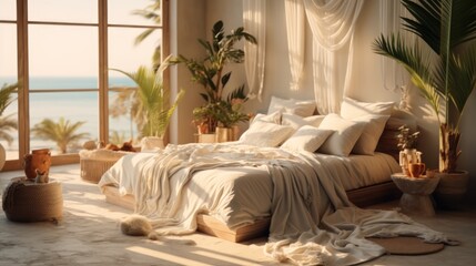 Stunning bedroom featuring a cozy white bed with palm frond patterned blanket, Pillows.