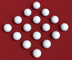 Set of golf ball lying in row on red background