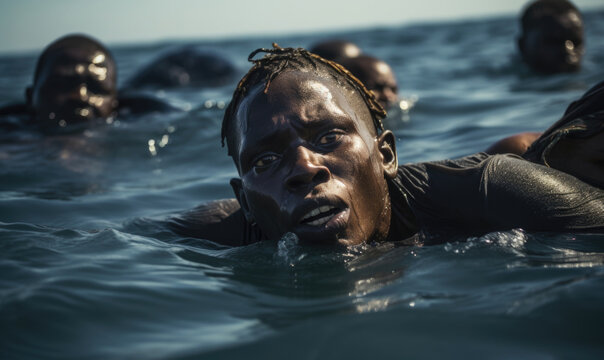 Generative AI illustration of black individual with braided hair swims resiliently through the ocean showcasing a poignant moment of migrations