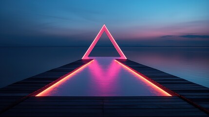Generative AI, minimalist island paradise with geometric neon light bridge, futuristic landscape - obrazy, fototapety, plakaty